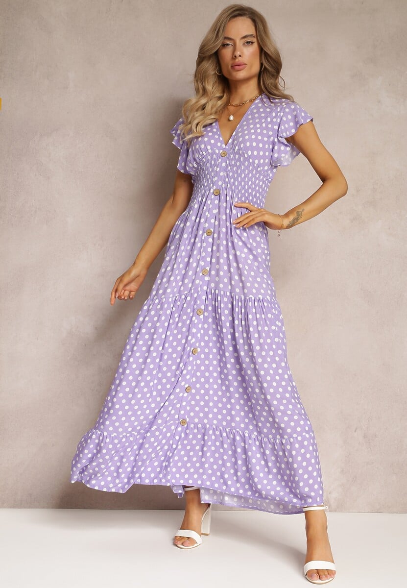 Czarna Rozkloszowana Sukienka Maxi w Kropki z Gumką w Talii Janey