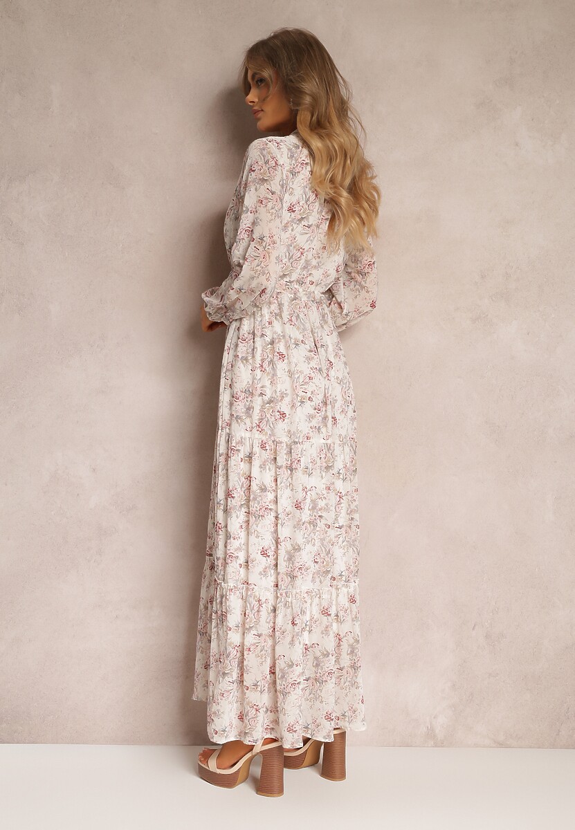 Biała Sukienka Maxi w Kwiaty ze Sznurkiem w Pasie Marili