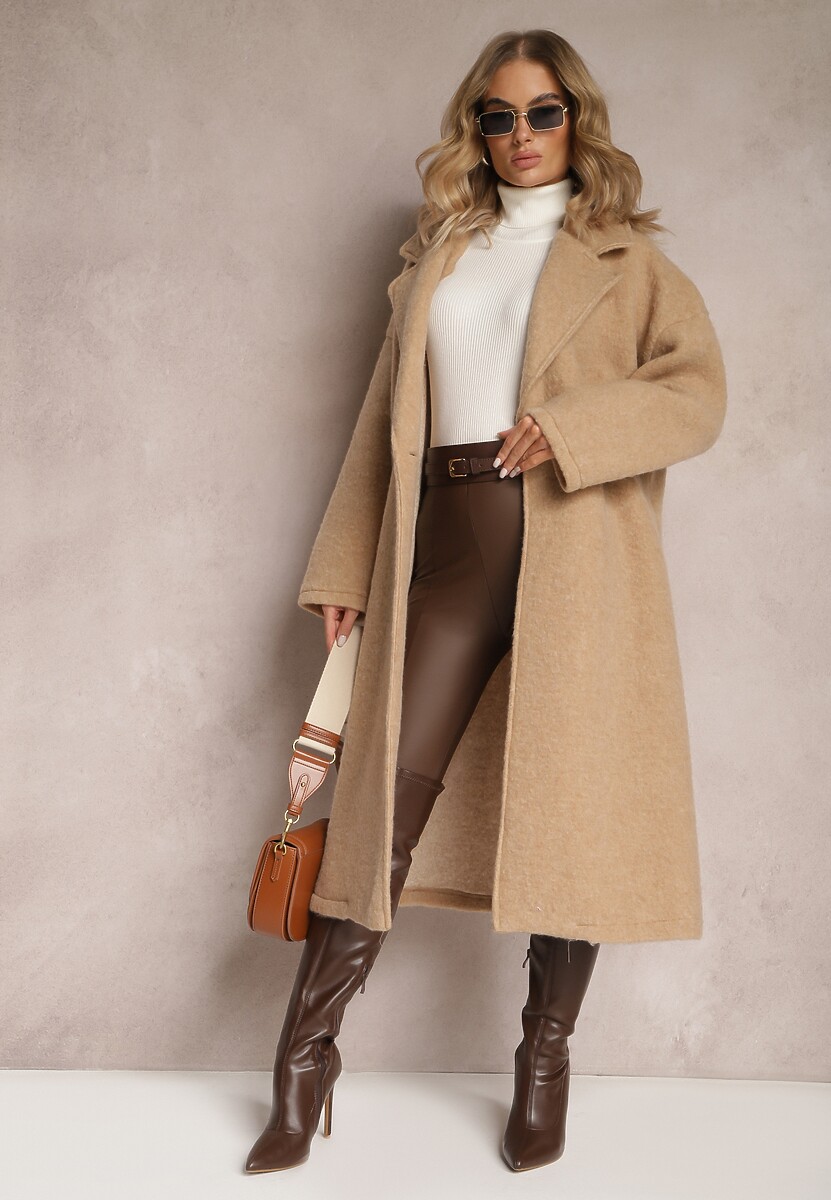 Beżowy Długi Płaszcz Jednorzędowy o Kroju Oversize Vlekoma