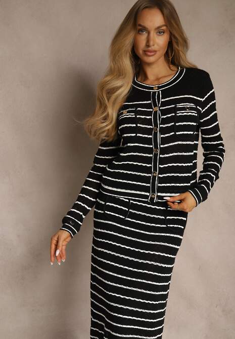 Czarny Komplet z Dzianiny z Wiskozą w Prążki Kardigan i Spódnica Sepelisse