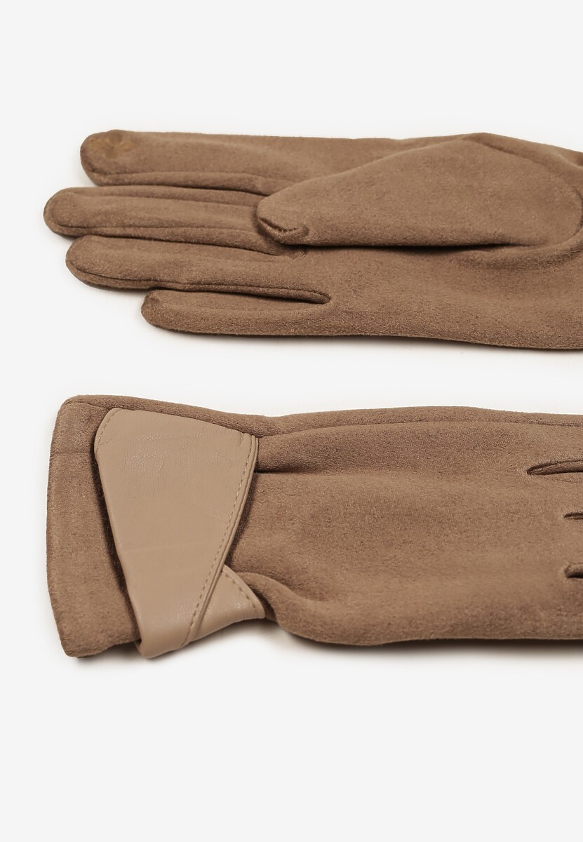Ciemnobeżowe Eleganckie Rękawiczki z Bawełną i Wywiniętą Aplikacją przy Nadgarstku Sissemi