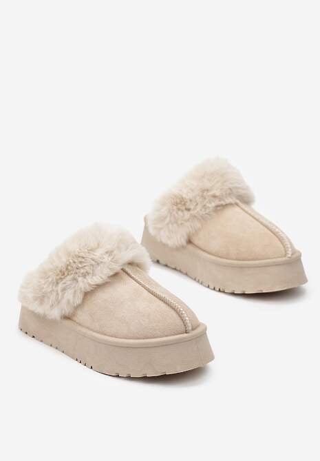 Beżowe Kapcie na Platformie z Ekozamszu z Futerkiem Livorn