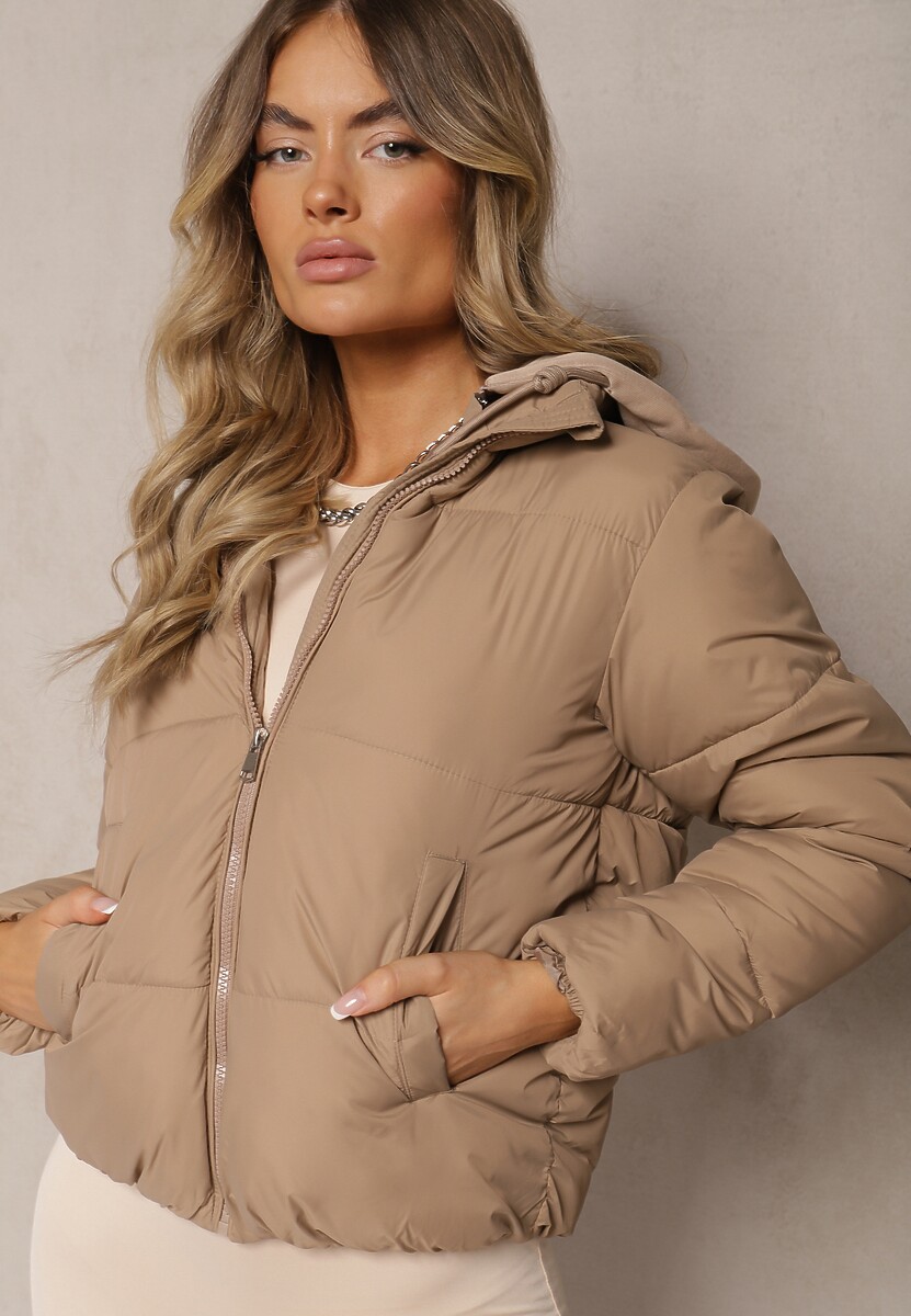Ciemnobeżowa Kurtka Pikowana Wykończona Kapturem Aviatoria