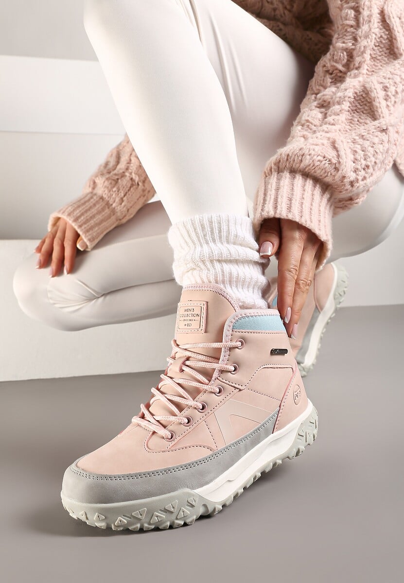 Różowe Traperki ze Sznurowaniem i Grubą Podeszwą Ellithrina