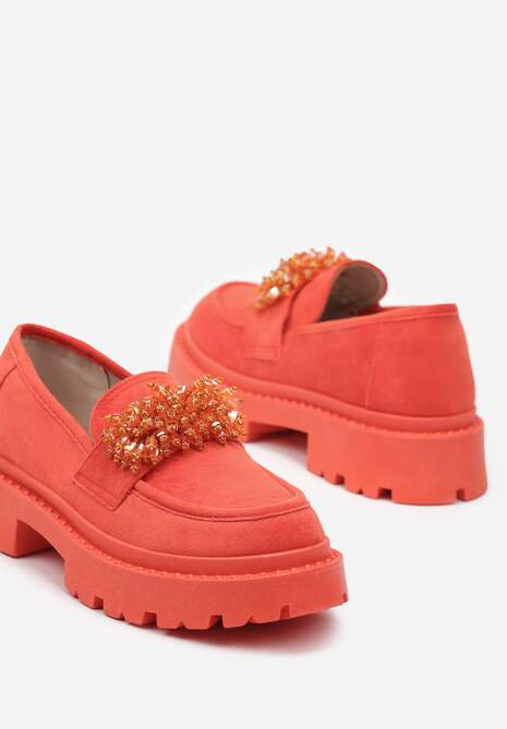 Pomarańczowe Mokasyny z Aplikacją z Biżuteryjnych Koralików Viatalia