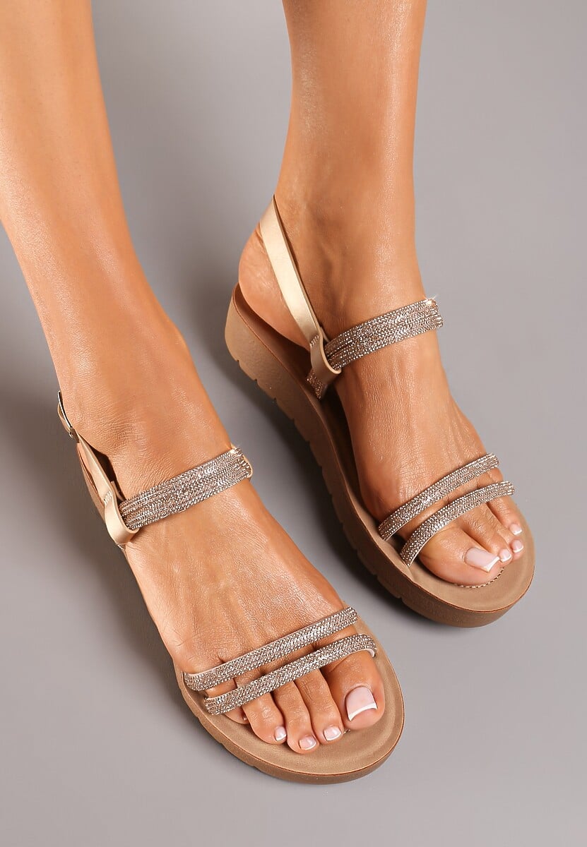 Szampańskie Sandały na Płaskiej Podeszwie z Cyrkoniami Zapinane przy Kostce  Elltiana