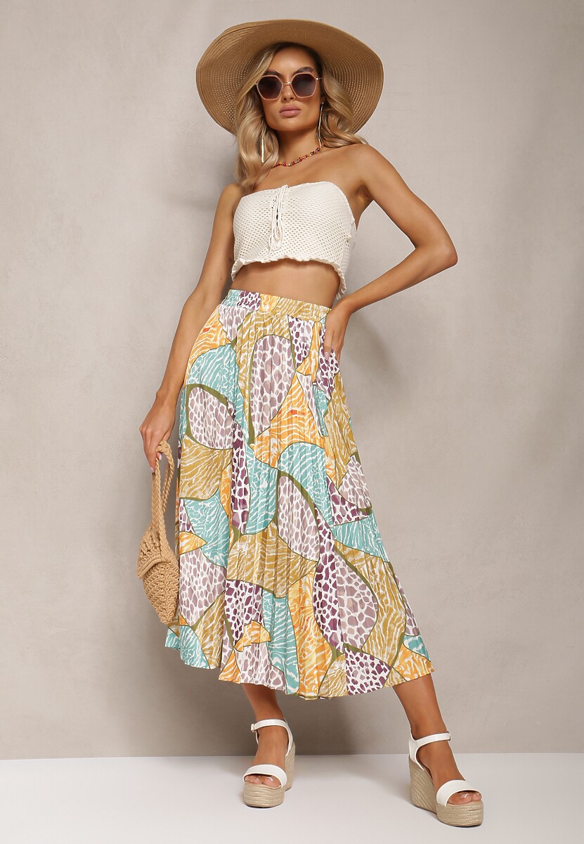 Różowo-Niebieska Satynowa Spódnica o Plisowanym Fasonie Midi Vaitera