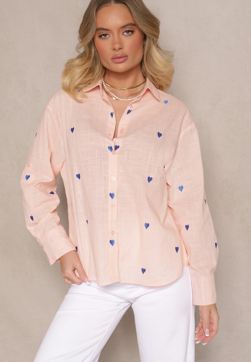 Różowa Bawełniana Koszula w Serca Elearose