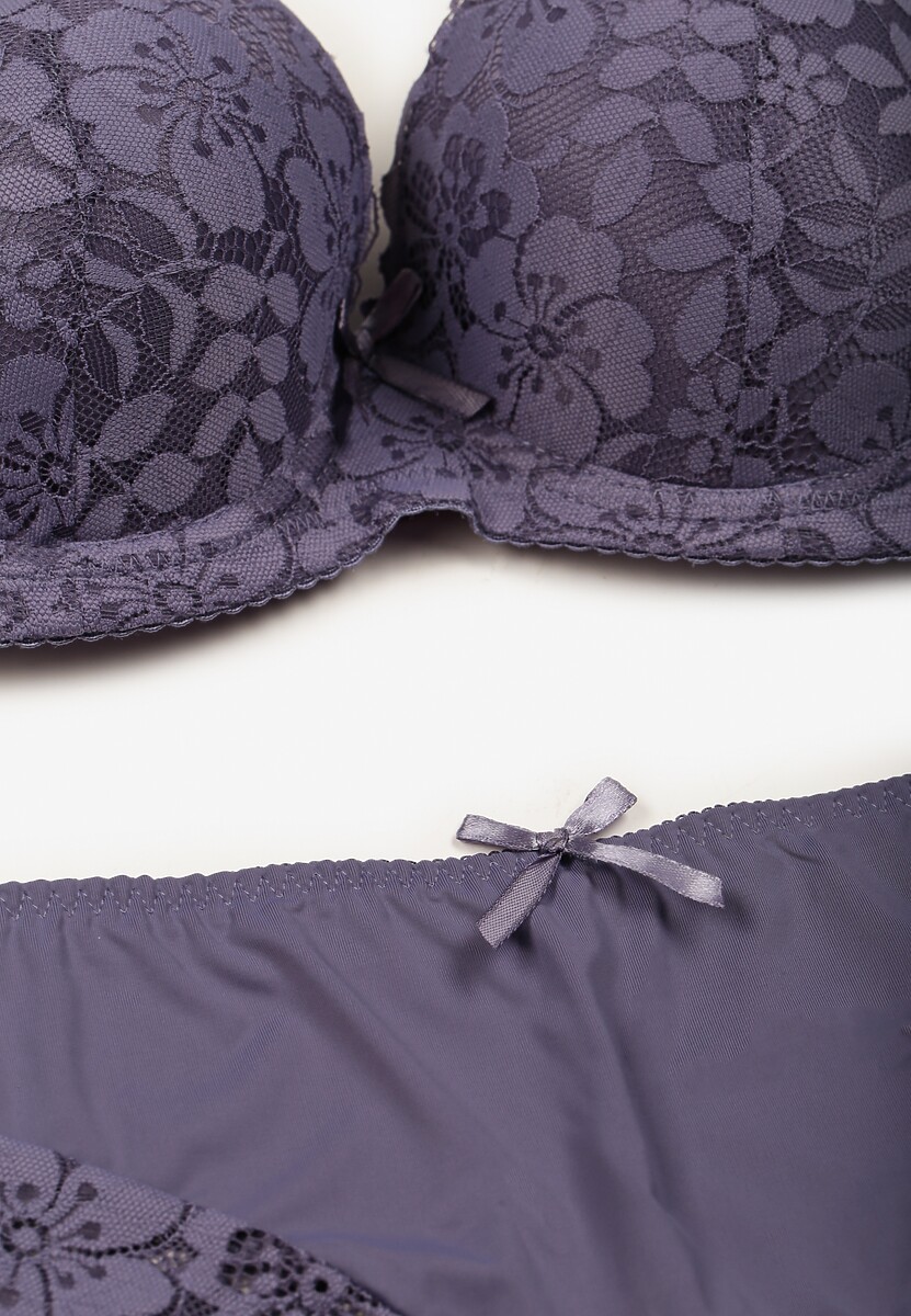 Fioletowy Koronkowy Komplet Biustonosz i Majtki Figi w Klasycznym Stylu Ezirene