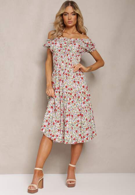 Biało-Różowa Midi Sukienka Hiszpanka z Bawełny w Kwiatowy Wzór Assetni