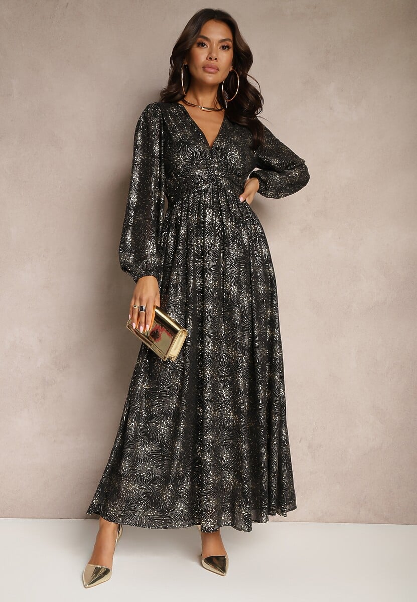 Czarna Rozkloszowana Sukienka z Ozdobnym Metalicznym Wzorem i Gumką w Talii Bonina