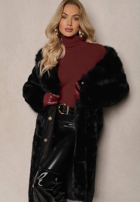Czarny Futrzany Płaszcz z Wiązanym Paskiem Ozdobnym Kołnierzem i Mankietami Viaressa