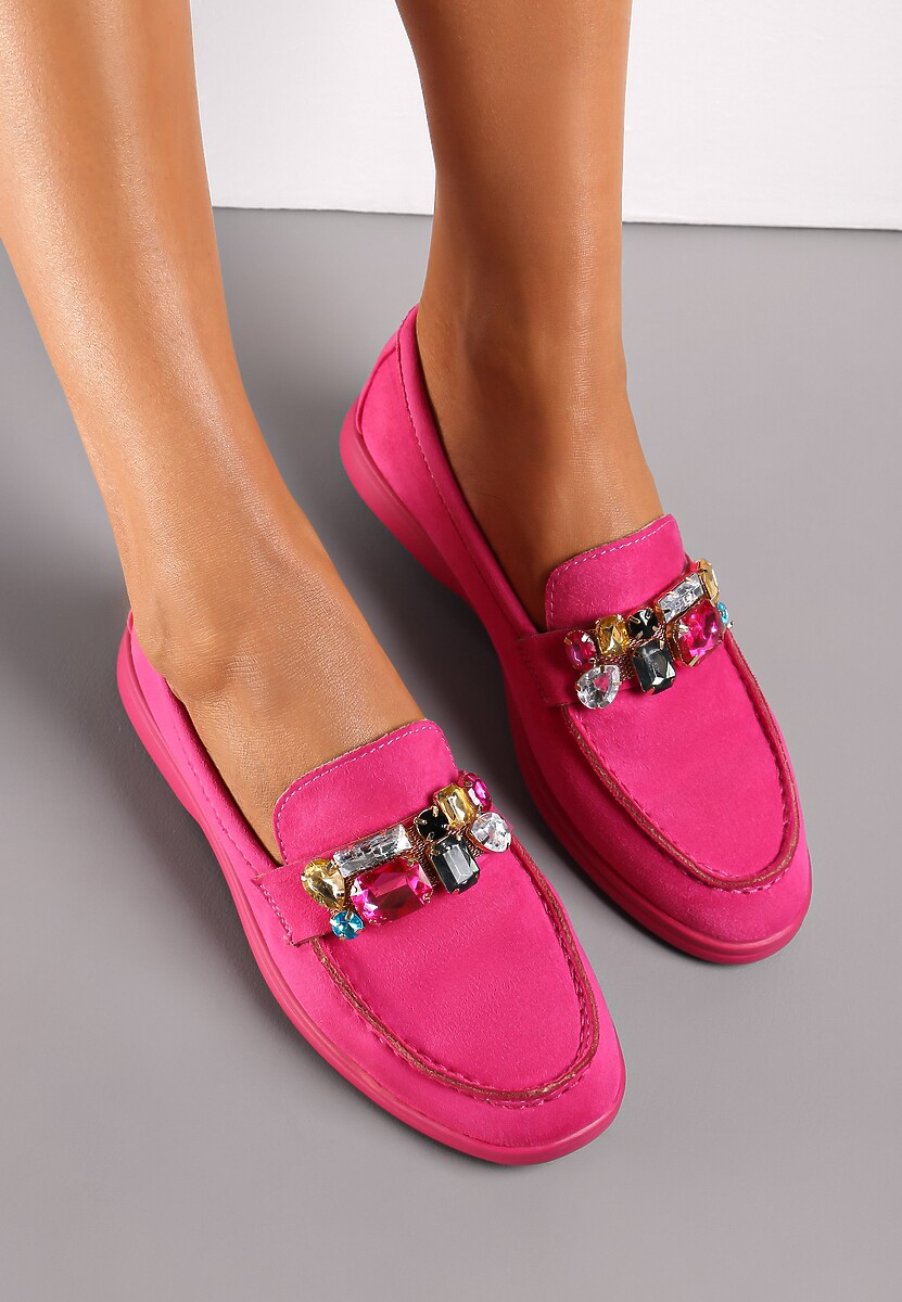 Fuksjowe Mokasyny w Cyrkonie i Wkładką ze Skóry Naturalnej Werisa