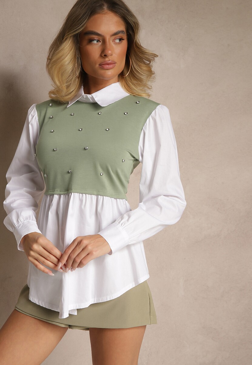 Czarna Koszulowa Bluzka z Wiskozą o Rozkloszowanym Kroju z Wszytą Kamizelką Uliadorella