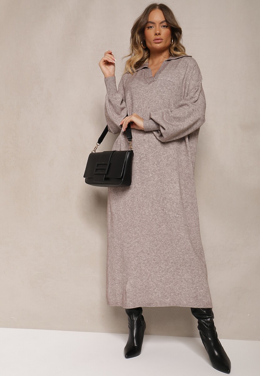 Beżowa Sweterkowa Sukienka z Wiskozą o Pudełkowym Kroju Ozdobiona Kołnierzykiem Clarinnae