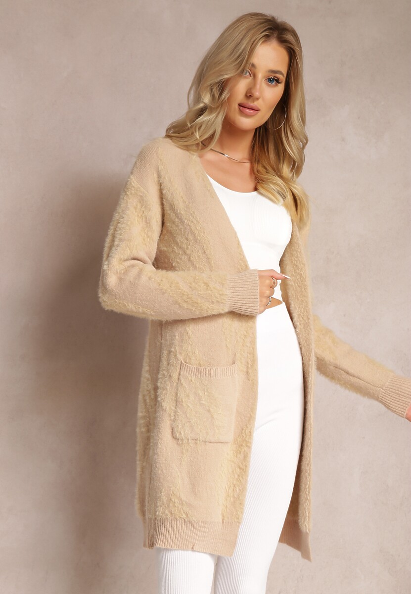 Beżowy Luźny Kardigan Niezapinany z Dłuższym Włosiem Karsta