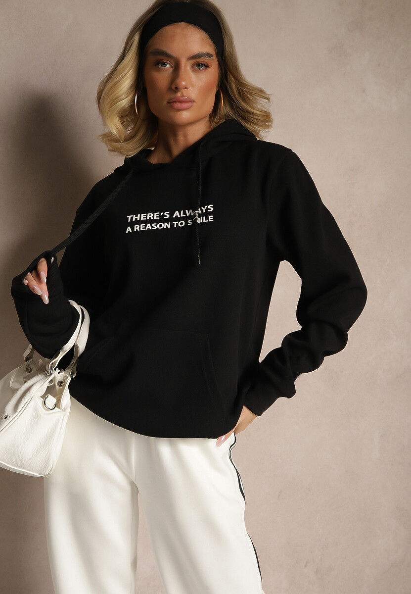 Czarna Bluza z Kapturem Kangurka z Napisem Lunirin