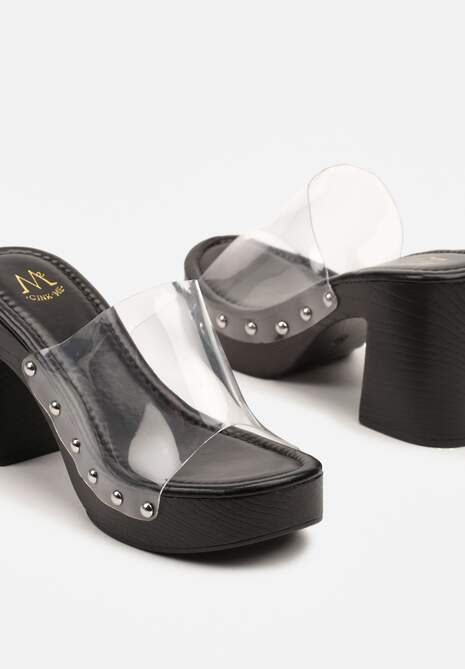 Czarne Transparentne Klapki na Obcasie i Platformie z Nitami Rivfia