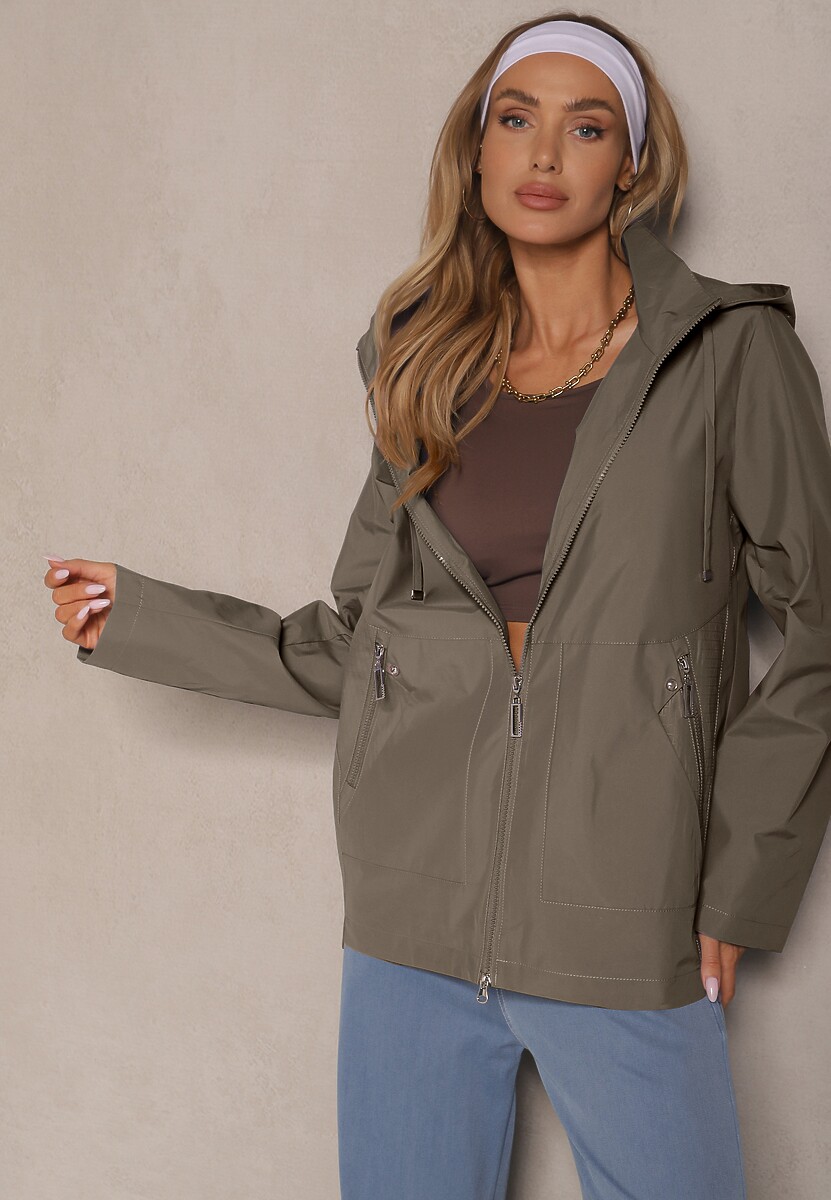 Jasnobrązowa Kurtka w Stylu Wiatrówki z Odpinanym Kapturem Ndivena