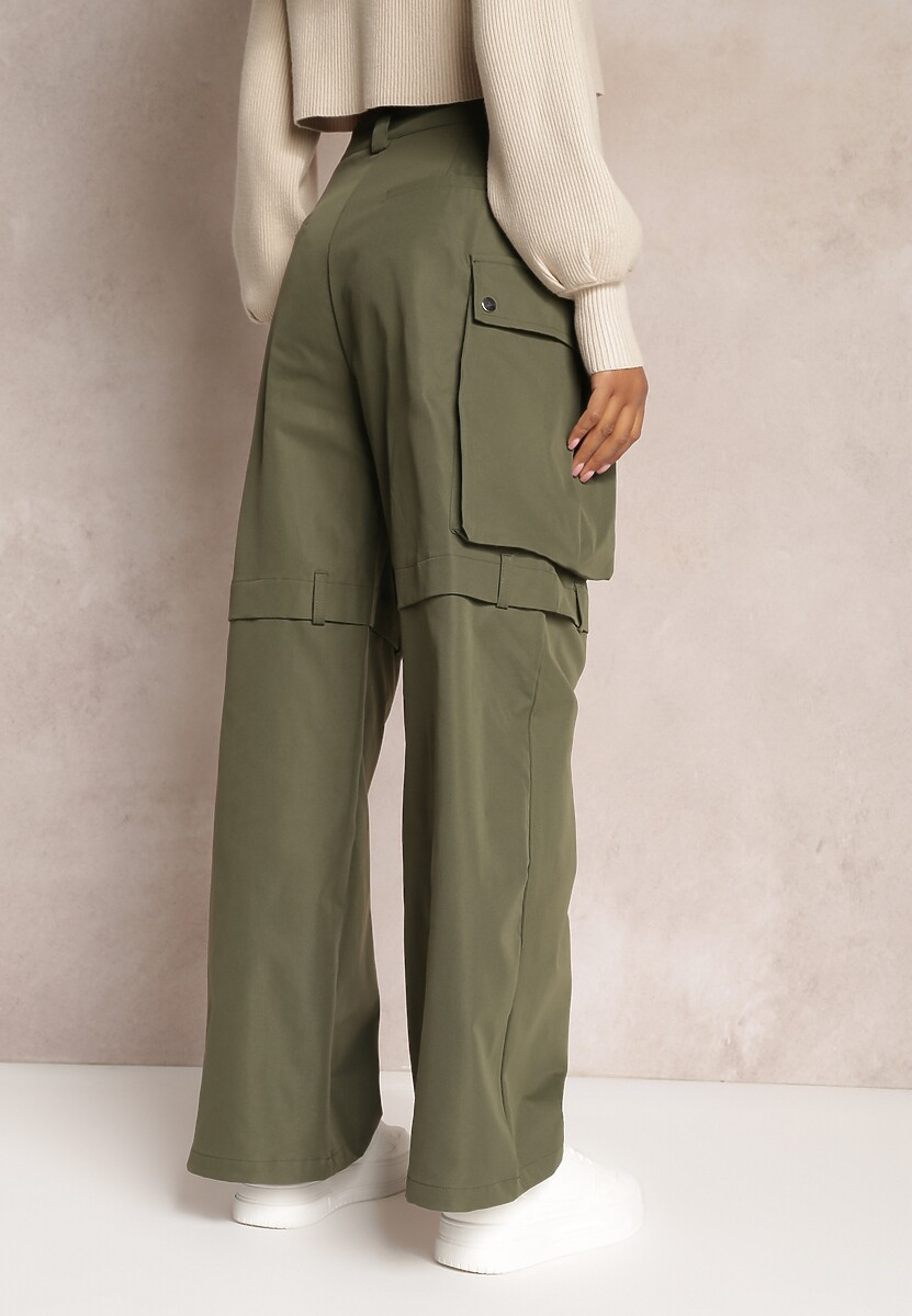 Zielone Szerokie Spodnie High Waist w Stylu Cargo Vomisal