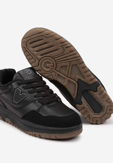 Czarne Sneakersy Sznurowane z Aplikacją na Boku i Przeszyciami Irilian