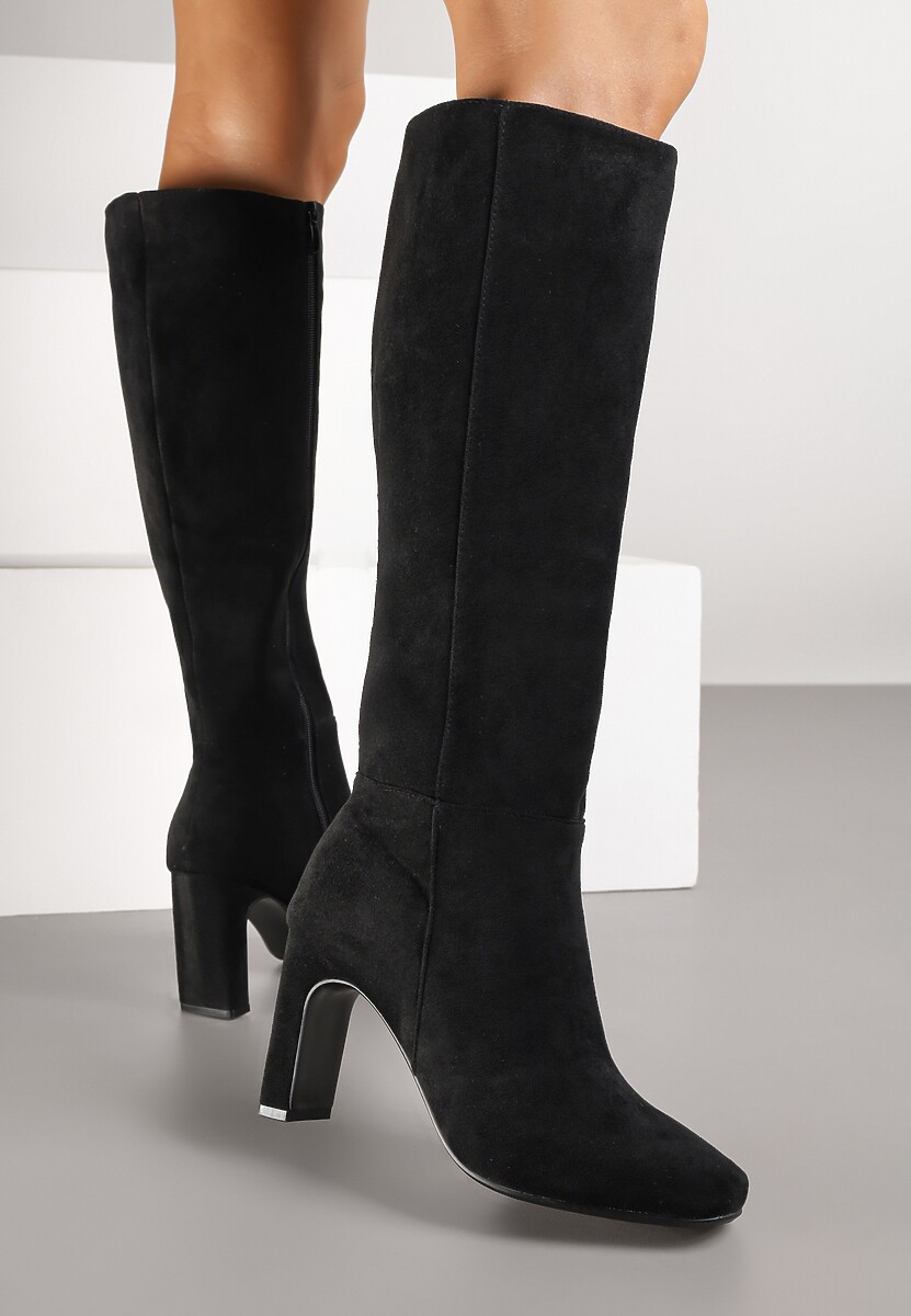 Czarne Klasyczne Kozaki z Imitacji Zamszu na Słupkowym Obcasie Miosa