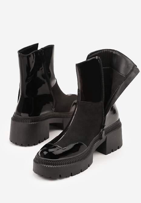 Czarne Botki Lakierowane Vices Ozdobione Tasiemką Rotine