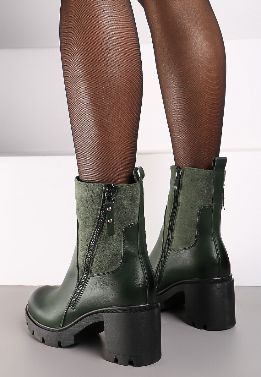 Zielone Botki na Słupku i Platformie z Tłoczeniem Ozdobione Asymetrycznym Suwakiem Vivizia