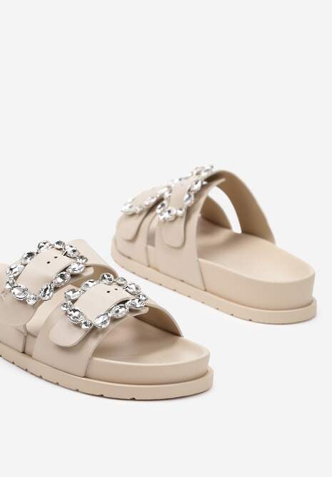 Beżowe Regulowane Klapki na Płaskiej Podeszwie Zdobione Cyrkoniami Melalia