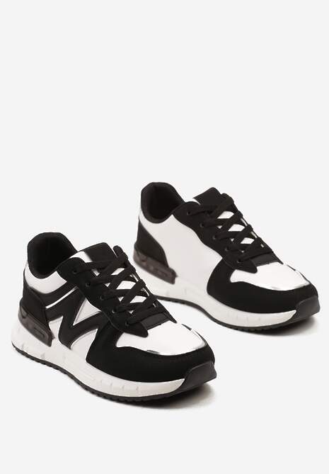 Czarno-Białe Płaskie Sneakersy ze Sznurowaniem z Metalicznymi Wstawkami Remarie