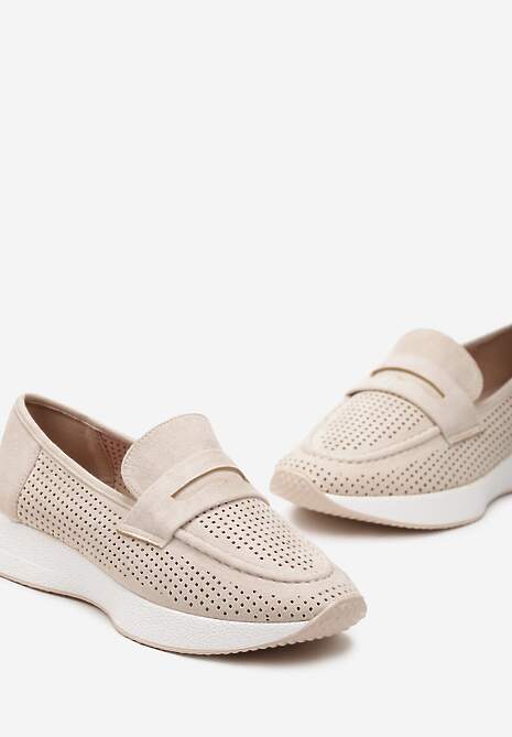 Beżowe Ażurowe Półbuty Mokasyny na Niewysokiej Platformie Zuni