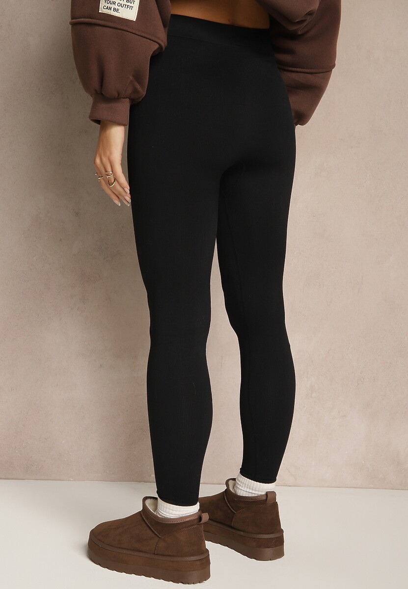 Czarne Legginsy High Waist z Prążkowanego Materiału z Wiskozą Tevandra