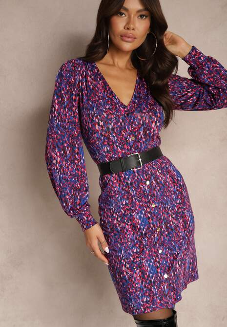 Fioletowo-Niebieska Wzorzysta Sukienka Mini z Głębokim Dekoltem i Mankietami Leossa