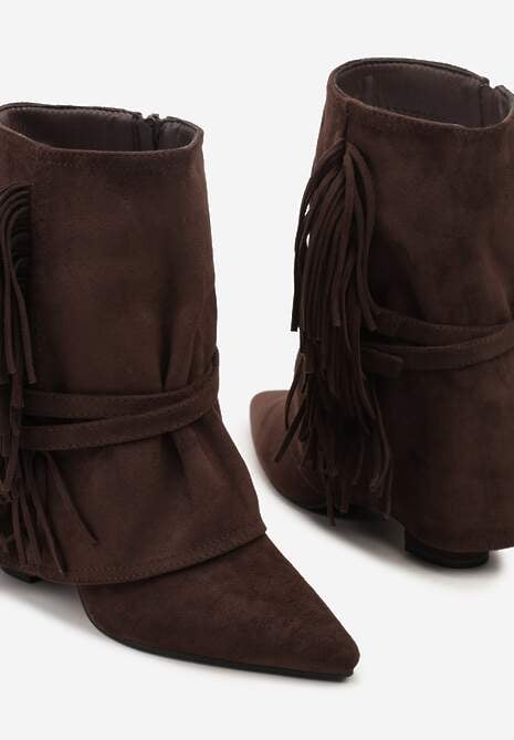 Ciemnobrązowe Botki Boho z Cholewką Imitującą Nogawkę i Frędzlami Zaslie