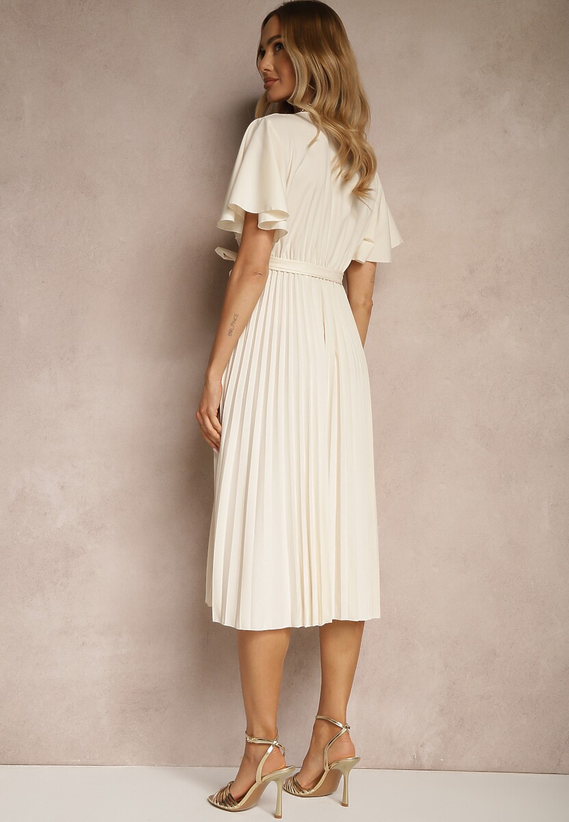 Jasnobeżowa Sukienka Wiązana w Talii z Plisowaniem na Dole Dorseki
