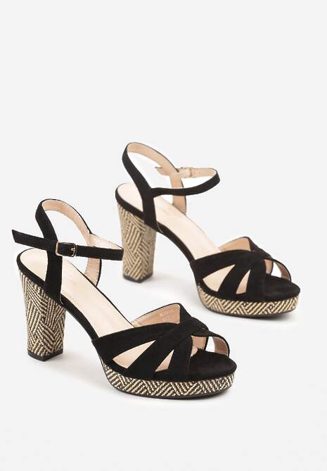 Czarne Sandały na Słupkowym Obcasie o Tweedowej Fakturze Fodivira