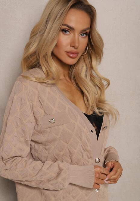 Beżowy Kardigan z Ozdobnymi Guzikami i Ściągaczami Zymira