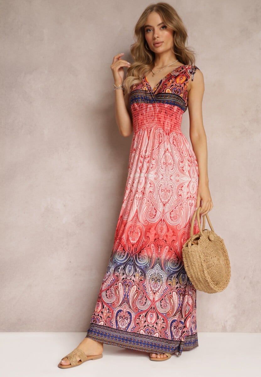 Czerwona Kopertowa Sukienka Maxi z Gumkami w Talii i Ściągaczami na Ramionach Hannele