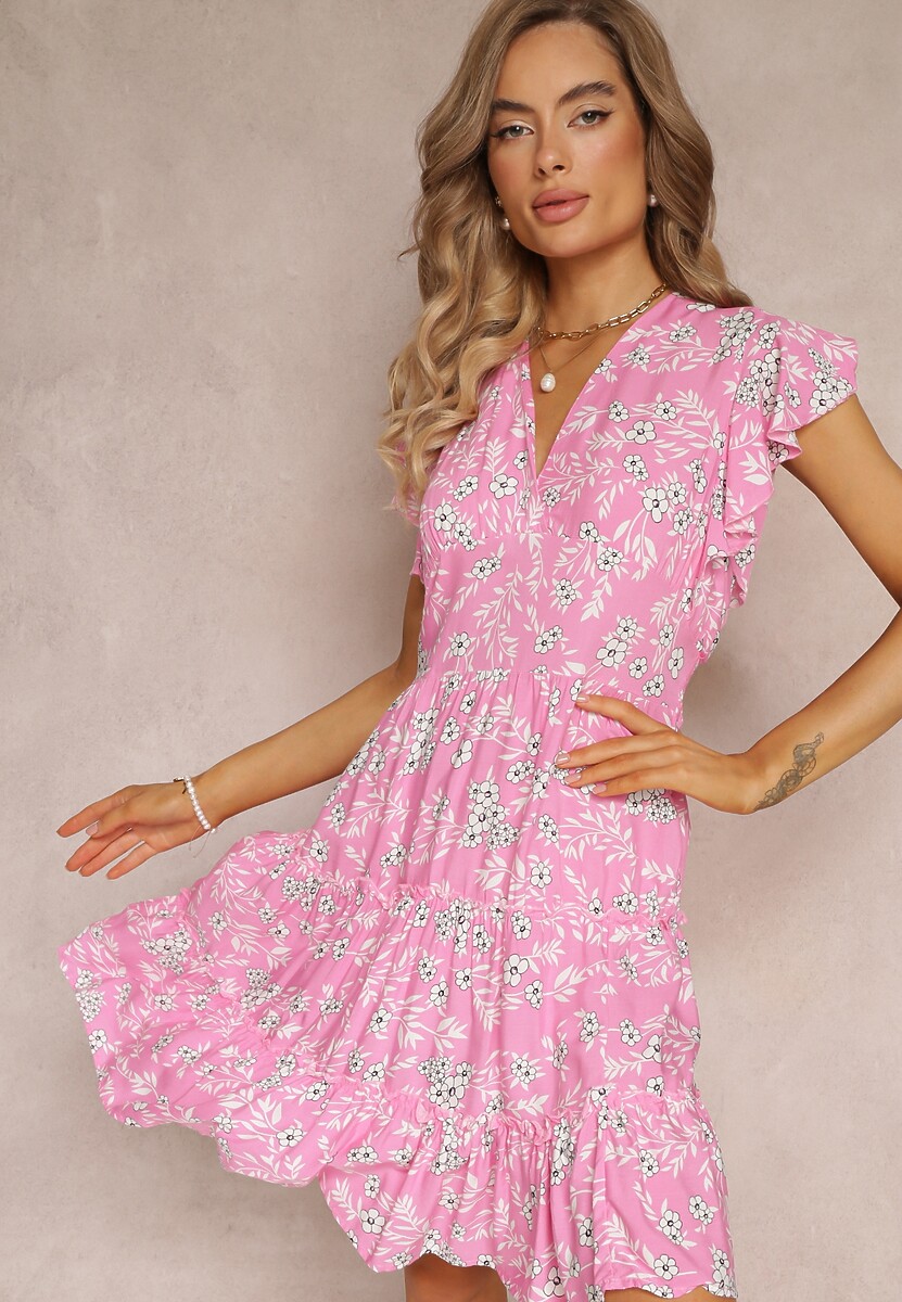 Pomarańczowa Rozkloszowana Sukienka z Wiskozy i Falbankami Brindisi