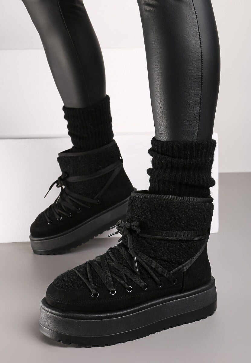 Czarne Śniegowce na Platformie Wykończone Sztucznym Futerkiem Terilani