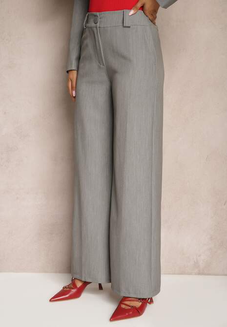 Szare Szerokie Spodnie z Wiskozą High Waist o Garniturowym Kroju Nioratta