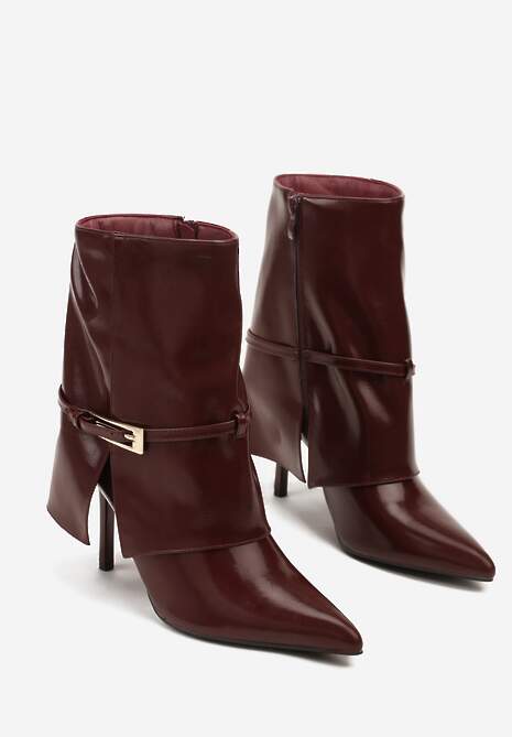Bordowe Botki na Szpilce Ozdobione Paskiem i Wywiniętą Cholewką Latasea