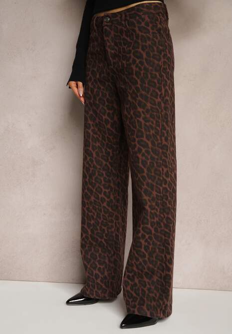 Brązowe Panterkowe Szerokie Spodnie z Bawełny Semiloria