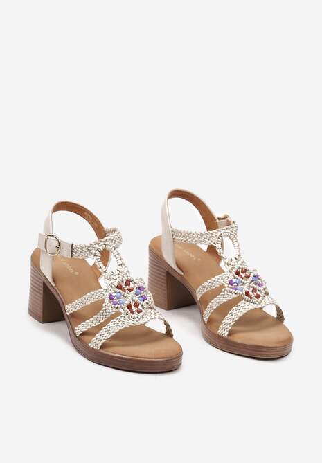 Beżowe Sandały z Imitacji Skóry na Słupku z Plecionymi Paskami i Ozdobnymi Koralikami Elltina