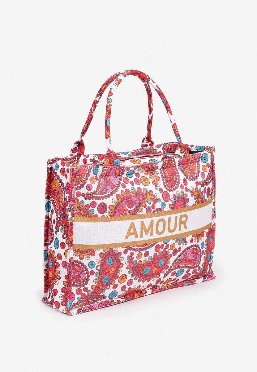 Czerwona Torebka Shopperka z Napisem i Wzorem Paisley Davirna