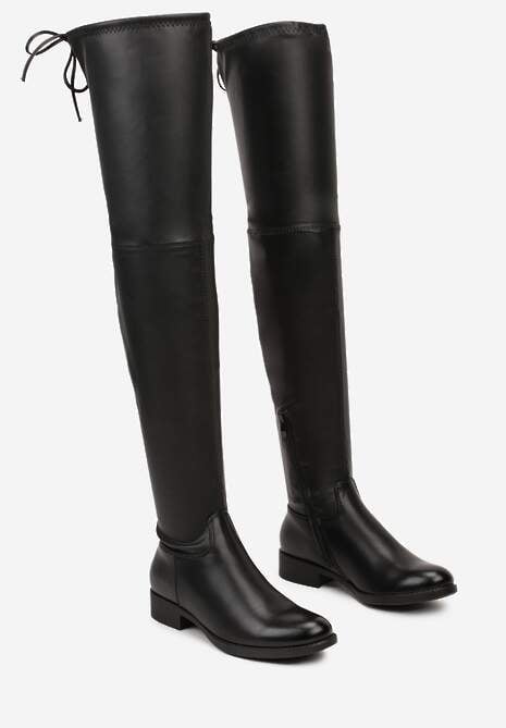 Czarne Kozaki na Płaskiej Podeszwie Oficerki za Kolano z Ociepleniem Ozdobione Wiązaniem Deoirae