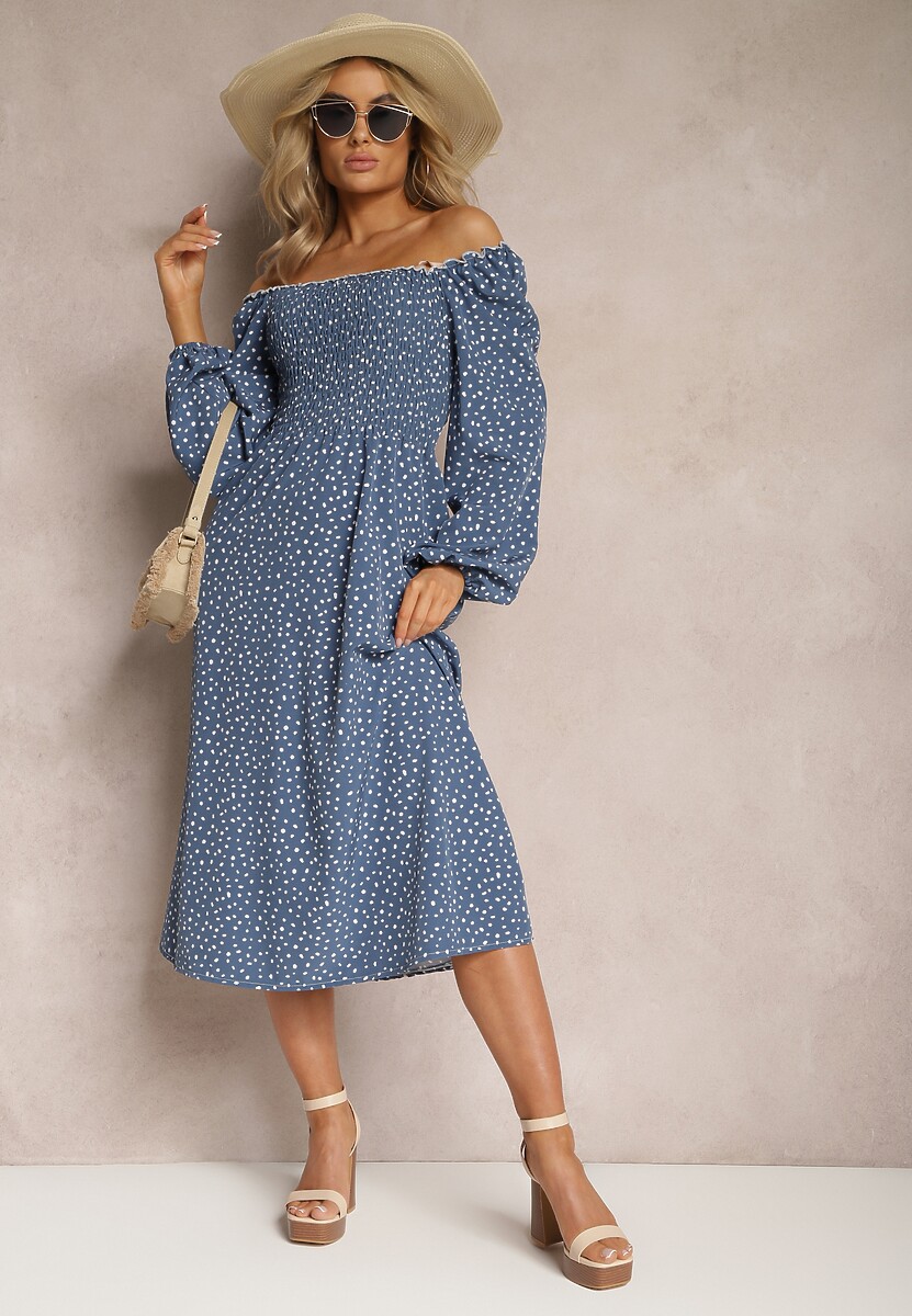 Granatowa Midi Sukienka Rozkloszowana w Kropki Gernia