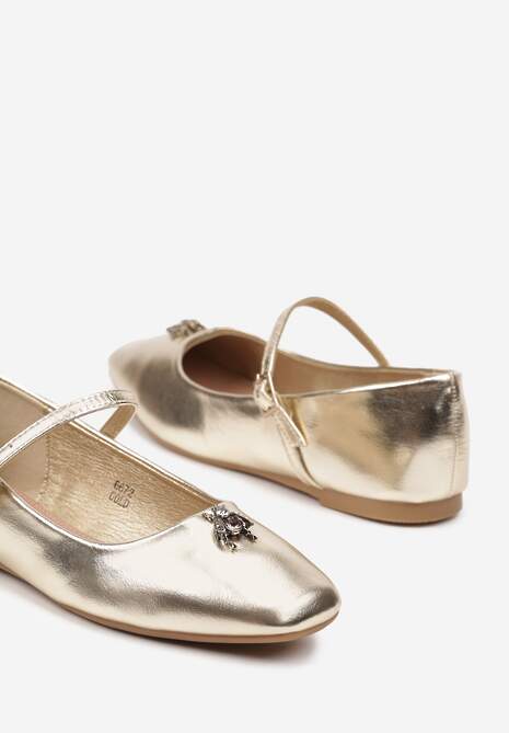 Złote Balerinki na Płaskiej Podeszwie Wykończone z Przodu Metaliczną Aplikacją Eviane