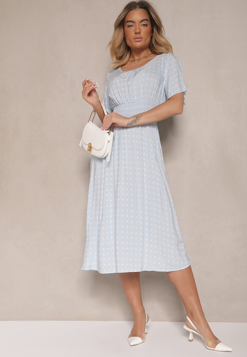 Jasnoniebieska Bawełniana Sukienka o Rozkloszowanym Fasonie w Kropki Tolimirae
