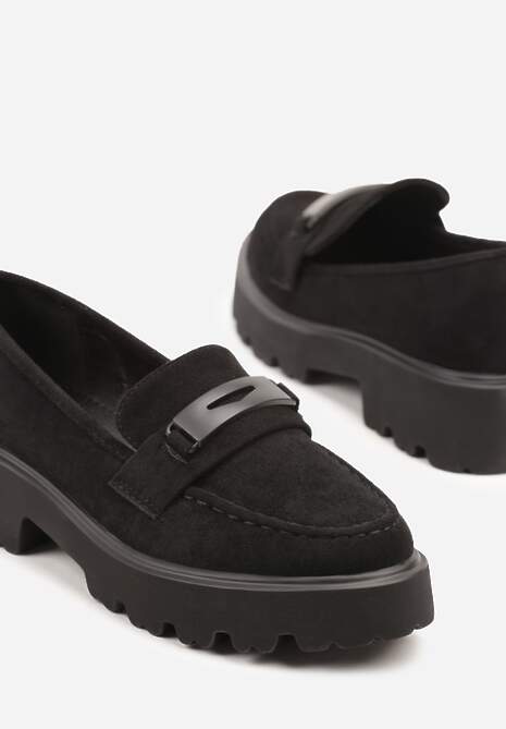 Czarne Mokasyny na Grubej Podeszwie z Cholewką z Przeszyciami Hamaira